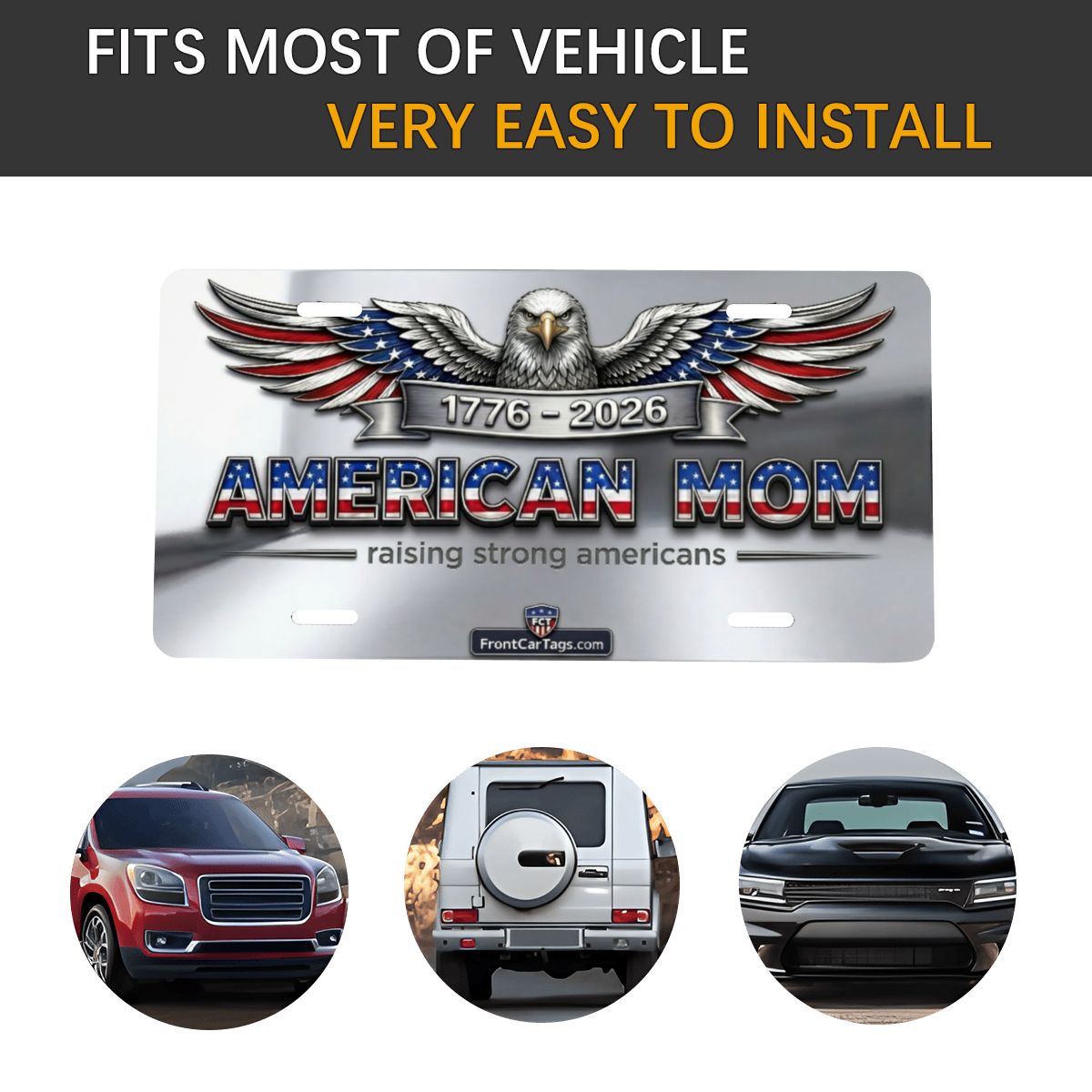 🇺🇸 American Mom License Plate – Raising Strong Americans | 1776–2026 Patriotic Car Tag - Aluminum License Plate (Made in USA)